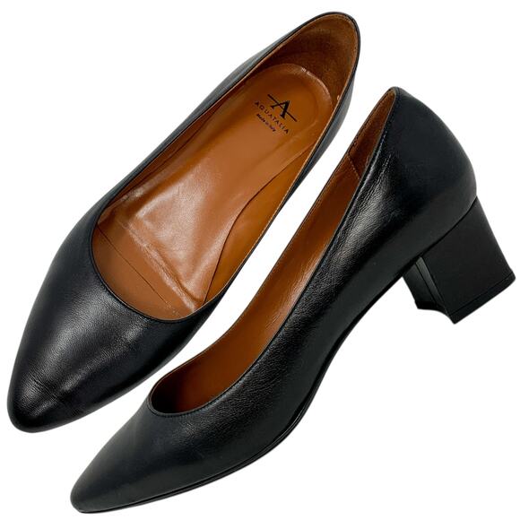 Aquatalia Pasha Black Leather Almond Toe Low Block Heels Weatherproof Pumps - Picture 1 of 9